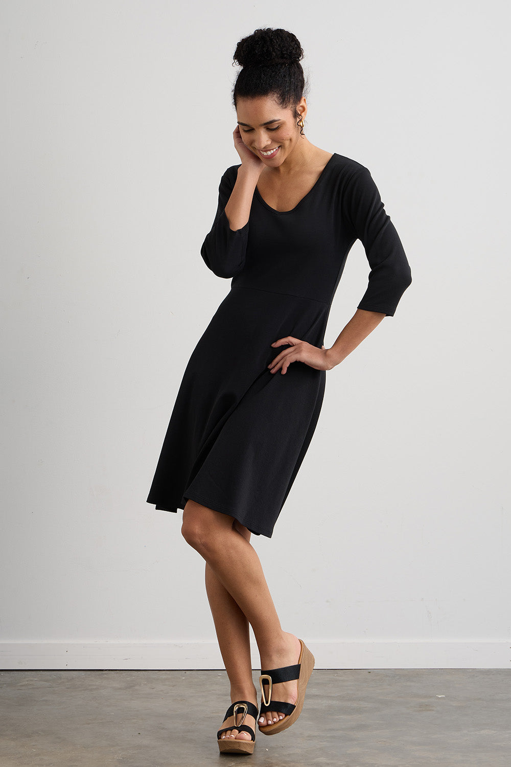 womens organic cotton elbow sleeve v-neck dress - black - fair indigo fair trade ethically made