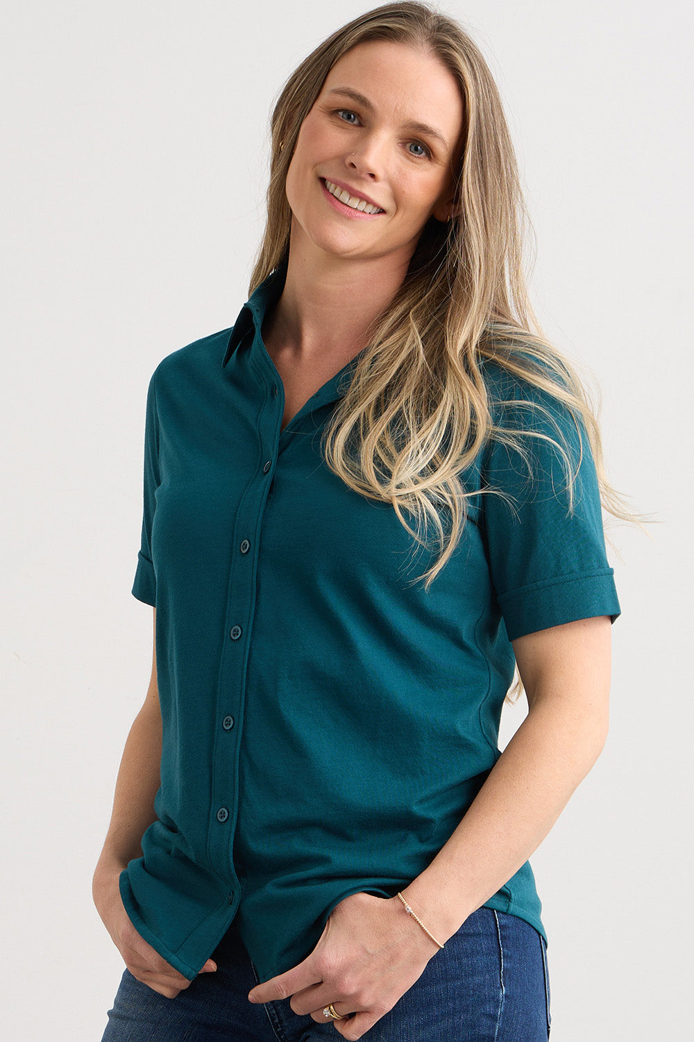 Women's 100% Organic Cotton Short Sleeve Knit Button Down Shirt