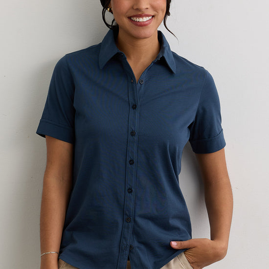 Women's 100% Cotton Short Sleeve Knit Button Down Shirt - Fair Indigo, Size XS / Soft Plum Women's 100% Cotton Short Sleeve Knit Button Down Shirt - Fair Indigo, Size XS / Soft Plum