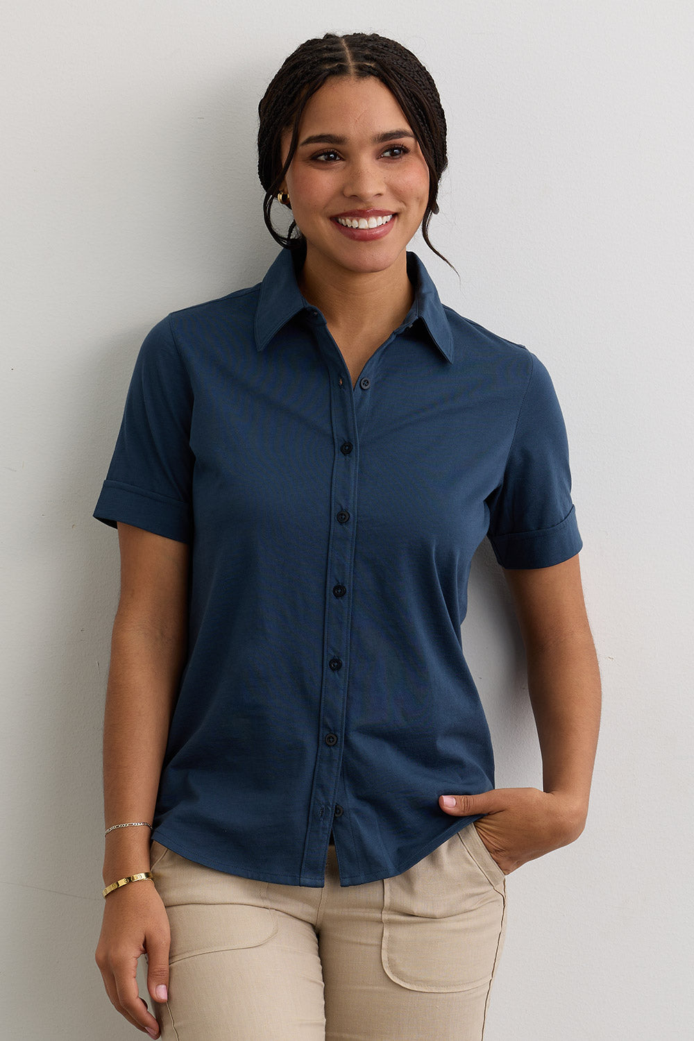 Women's 100% Cotton Short Sleeve Knit Button Down Shirt