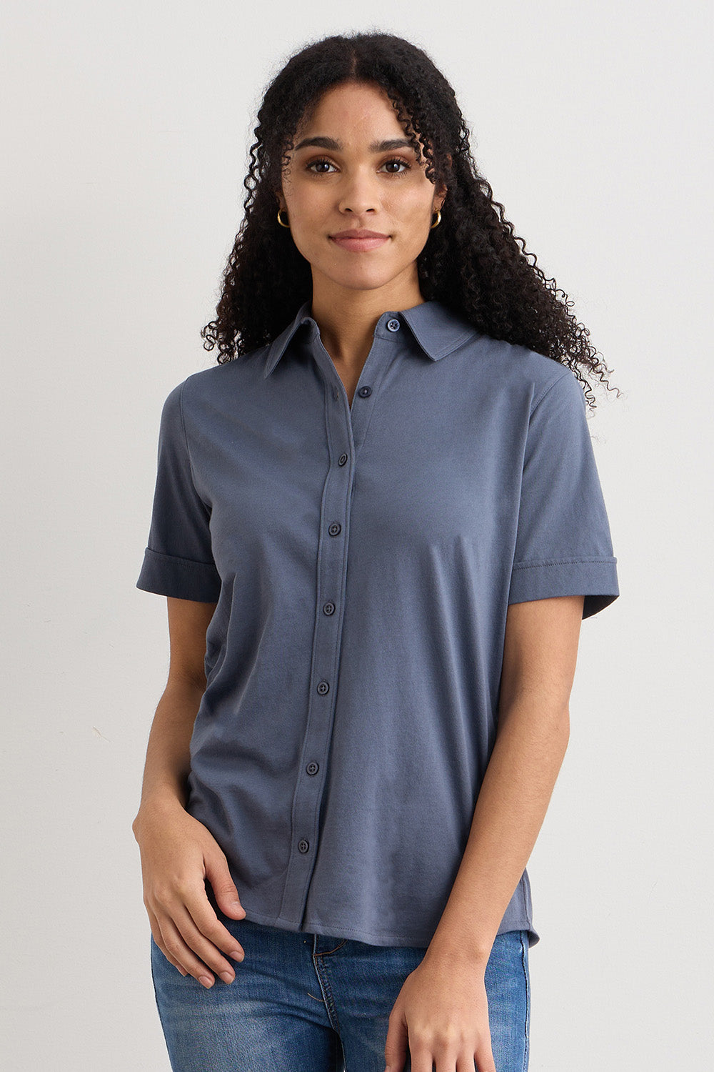 Women's 100% Organic Cotton Short Sleeve Knit Button Down Shirt, image size:1000x1500