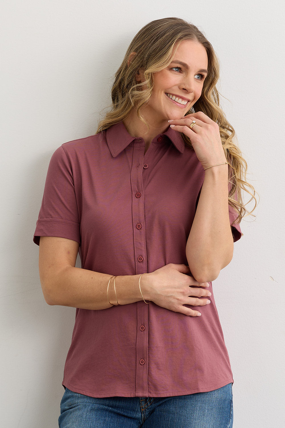 Women's 100% Cotton Short Sleeve Knit Button Down Shirt