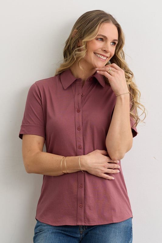 Women's 100% Organic Cotton Short Sleeve Knit Button Down Shirt