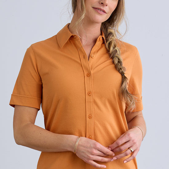 Women's 100% Cotton Short Sleeve Knit Button Down Shirt - Fair Indigo, Size L / Tomato Cream Women's 100% Cotton Short Sleeve Knit Button Down Shirt - Fair Indigo, Size L / Tomato Cream