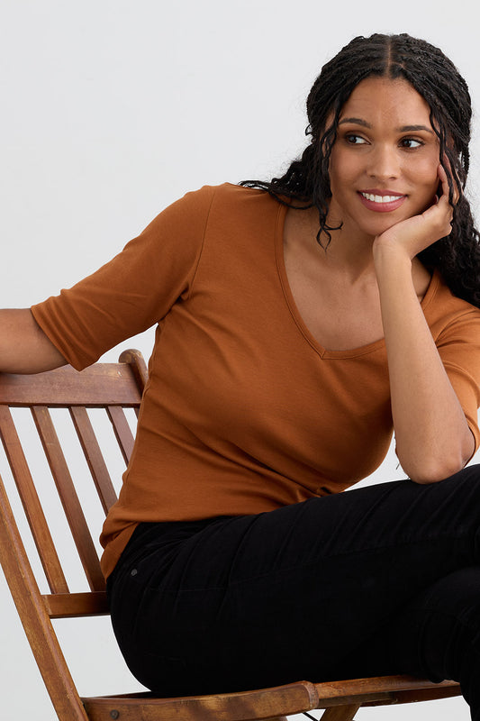 Women's Luxe 100% Organic Cotton Elbow Sleeve V-Neck Top