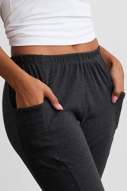 womens organic all-cotton capris pocket leggings - dark charcoal heather - fair indigo fair trade ethically made