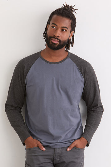 mens organic color block raglan sleeve baseball t-shirt - balsam green - fair indigo fair trade ethically made