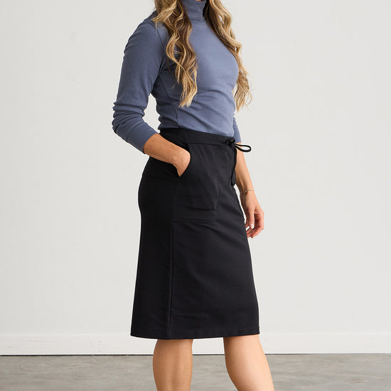 womens organic french terry midi sweat skirt with pockets black - fair indigo-ethically made