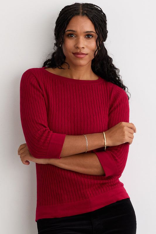 Women's Organic Cotton 3/4 Sleeve Cable Boat Neck Sweater | Raspberry Pink | Fair Indigo | Ethically Made Clothing | Fair Trade Clothes