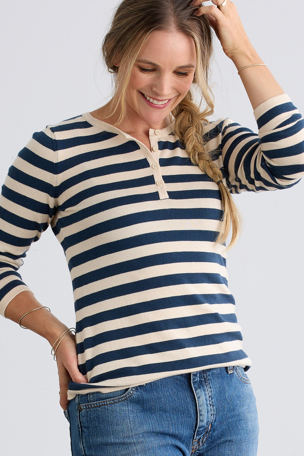 Women's Striped Henley Sweater | Organic Cotton | Fair Indigo