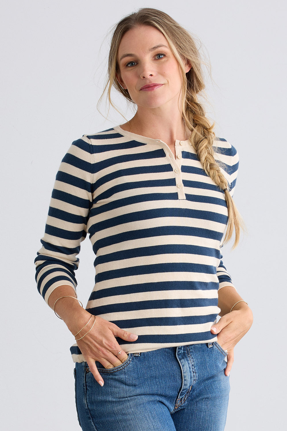 womens organic cotton striped henley sweater - indigo blue stripe - fair indigo ethically made