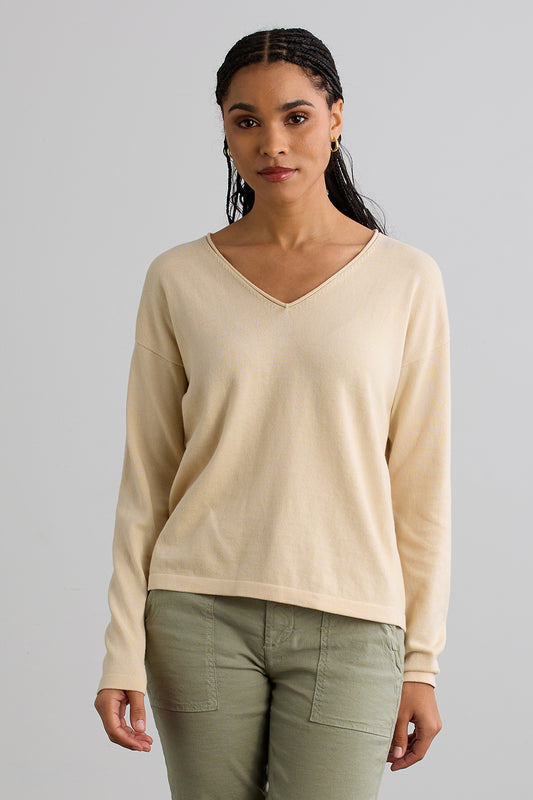 Women's Organic Cotton 100% Cotton Relaxed V-neck Sweater | Undyed Dye Free No Dye | Fair Indigo | Ethically Made Clothing | Fair Trade Clothes