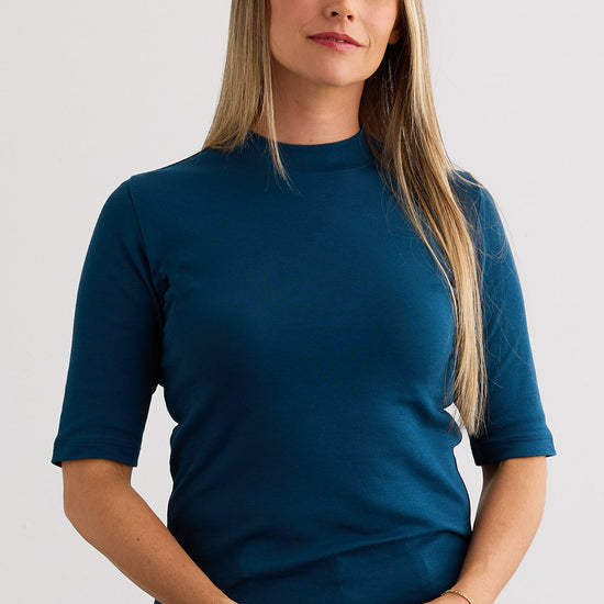 Women's 100% Organic Cotton Luxe Half Sleeve Mock Neck Tee - Peacock
