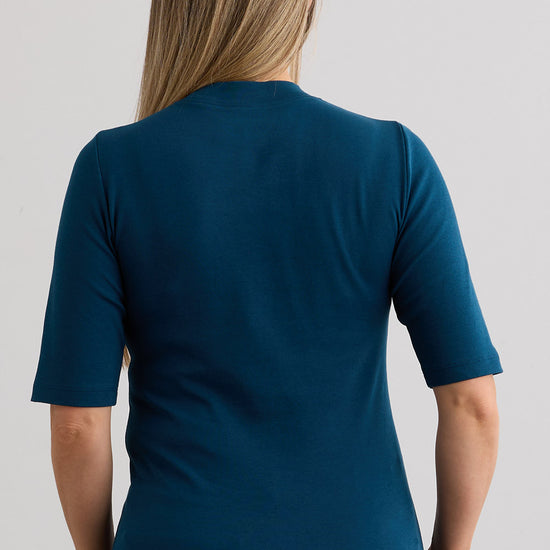 Women's 100% Organic Cotton Luxe Half Sleeve Mock Neck Tee - Peacock