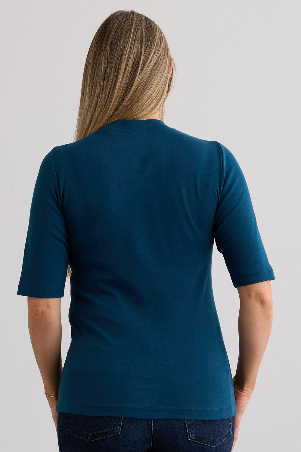 Women's 100% Organic Cotton Luxe Half Sleeve Mock Neck Tee - Peacock