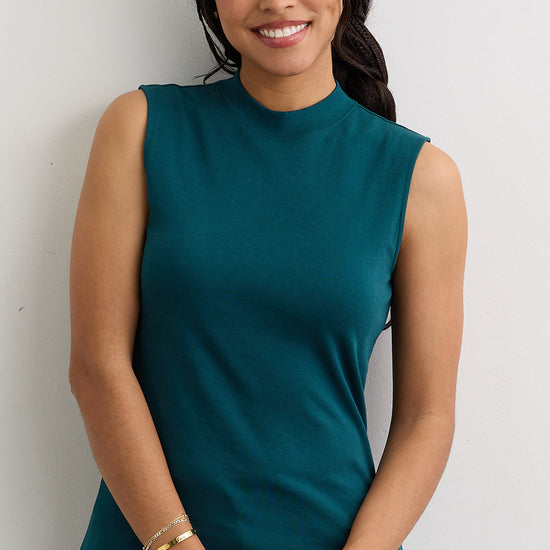 Women's Luxe 100% Organic Cotton Sleeveless Mock Neck Top | Deep Teal Green | Fair Indigo | Ethically Made Clothing | Fair Trade Clothes