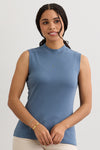 Women's Luxe 100% Organic Cotton Sleeveless Mock Neck Top | Storm Blue | Fair Indigo | Ethically Made Clothing | Fair Trade Clothes