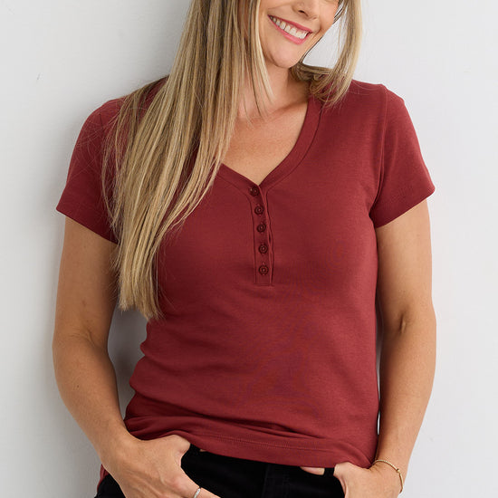 Women's Luxe 100% Organic Cotton Short Sleeve V-Neck Henley Shirt - Auburn