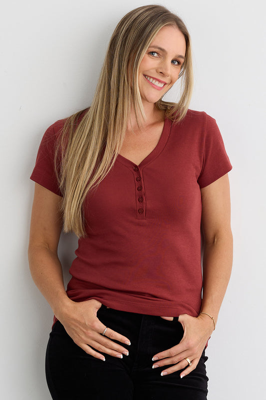 Women's Luxe 100% Organic Cotton Short Sleeve V-Neck Henley Shirt