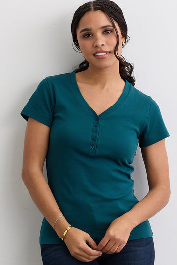 Women's Luxe 100% Organic Cotton Short Sleeve V-Neck Henley Shirt - Deep Teal