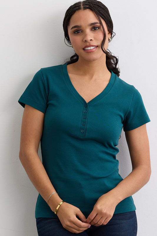 Women's Luxe 100% Organic Cotton Short Sleeve V-Neck Henley