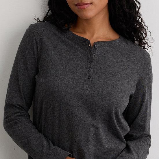 Women's 100% Organic Cotton Relaxed Long Sleeve Henley Shirt - Dark Charcoal Heather