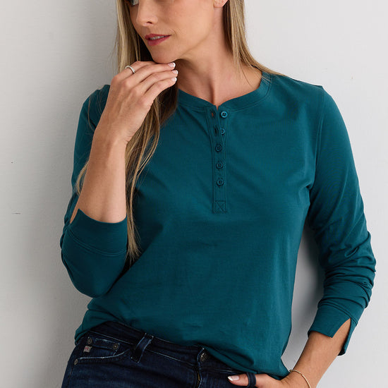 Women's 100% Organic Cotton Relaxed Long Sleeve Henley Shirt - Deep Teal