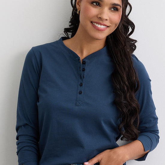 Women's Organic Cotton 100% Cotton Long Sleeve Henley | Indigo Blue | Fair Indigo | Ethically Made Clothing | Fair Trade Clothes