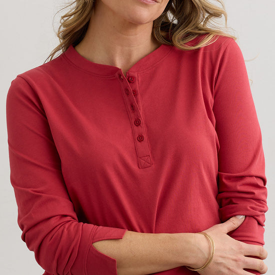 Women's Organic Cotton 100% Cotton Long Sleeve Henley | Vintage Red | Fair Indigo | Ethically Made Clothing | Fair Trade Clothes