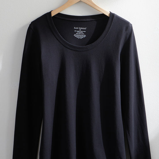 womens organic pima cotton long sleeve scoop neck t-shirt- black - fair indigo fair trade ethically made