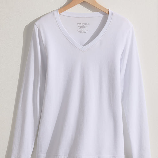 womens organic cotton long sleeve v-neck tee - white - fair indigo fair trade ethically made