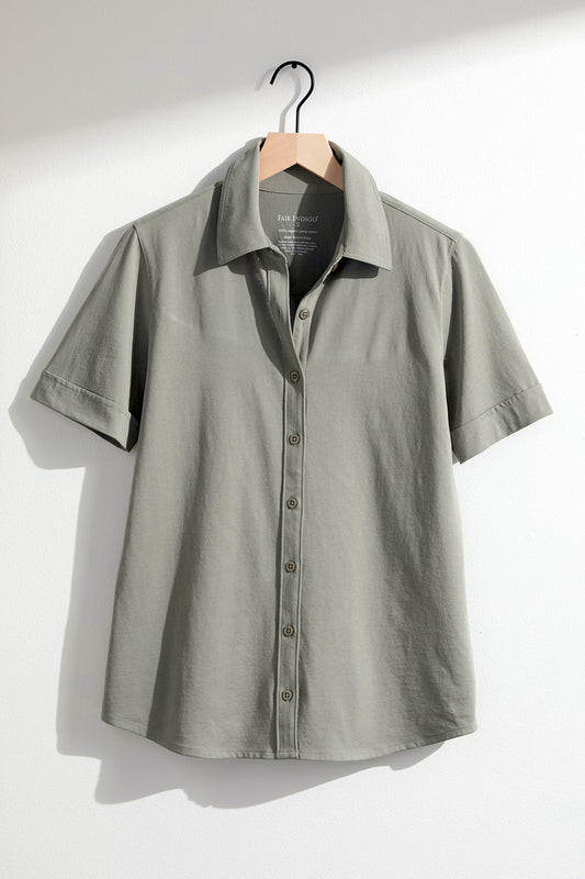 womens 100% organic cotton short sleeve button down shirt - sage green - fair trade clothing - fair indigo