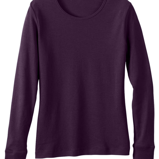 womens organic all-cotton interlock long sleeve tee - eggplant purple - fair indigo fair trade ethically made