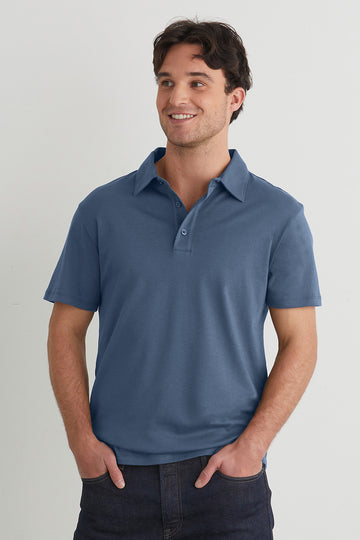 mens organic all cotton luxe polo - storm blue - fair indigo fair trade ethically made