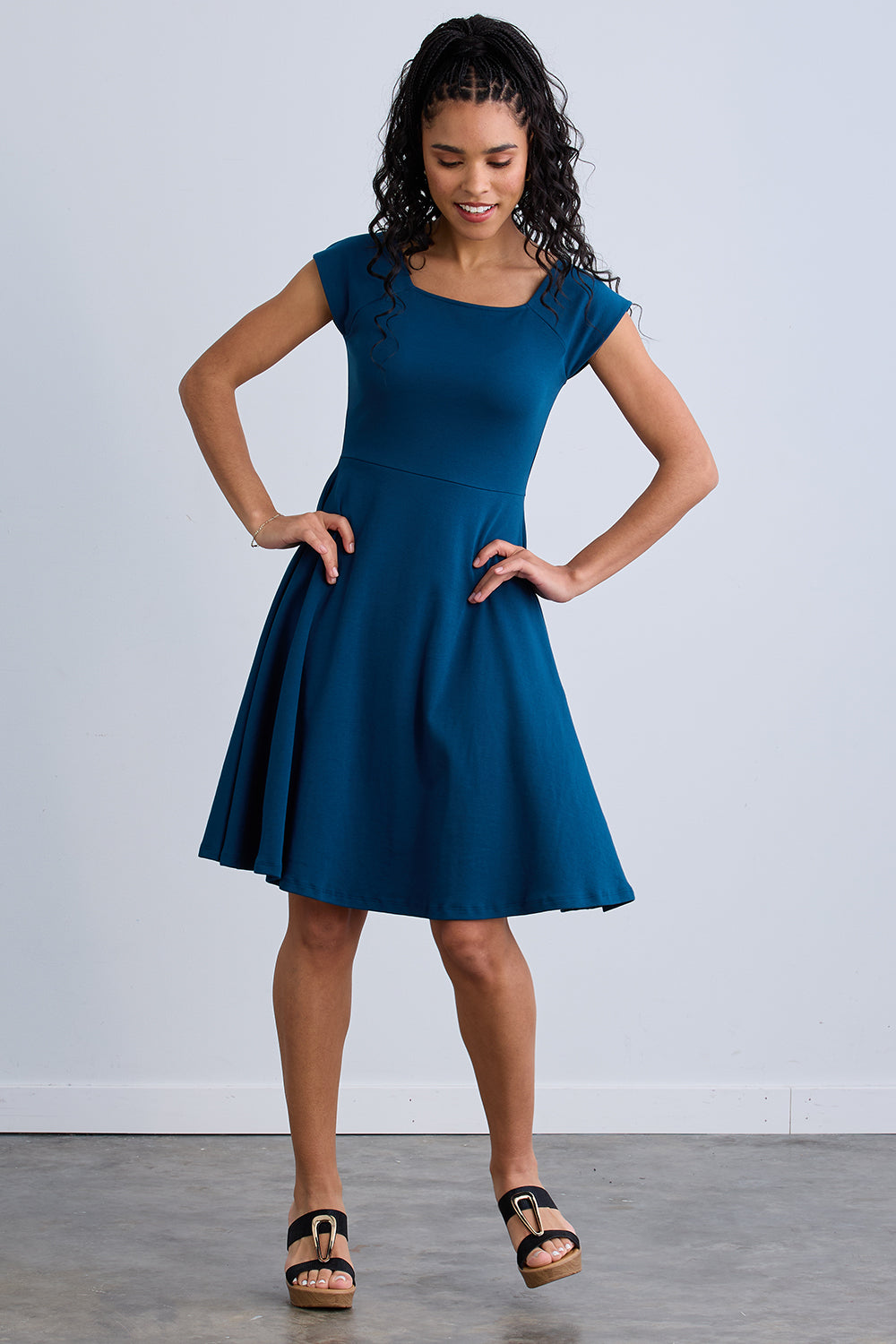 indigo dress Women's Relaxed Linen V-Neck bias cut Modest ndigo Blue Ruffle Dress