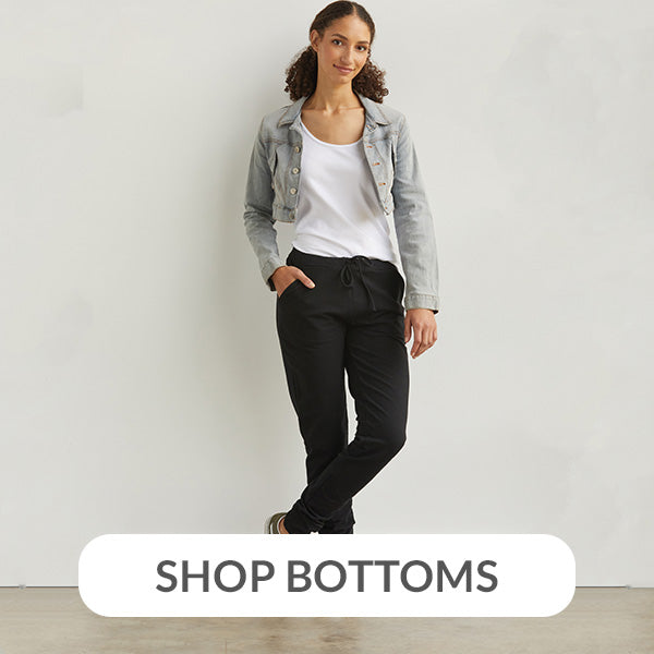 shop women's organic cotton pants, leggings, organic shorts and skirts