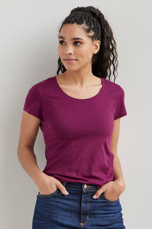 womens organic cotton scoop neck t-shirt - boysenberry magenta - fair indigo fair trade ethically made