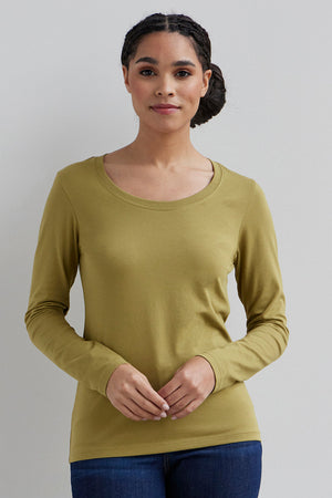 womens organic cotton long sleeve scoop neck t-shirt - moss green - fair indigo fair trade ethically made