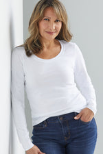 womens organic cotton long sleeve scoop neck t-shirt - white - fair indigo fair trade ethically made