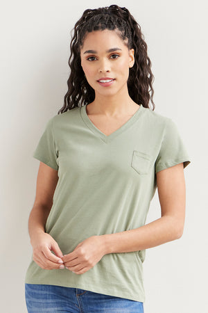 womens organic relaxed pocket v neck tee- stone sage green - fair trade ethically made