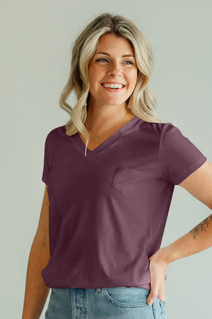 womens organic relaxed pocket v neck tee- raisin purple - fair trade ethically made