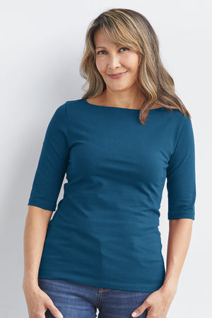 womens organic boat neck half sleeve tee- peacock blue - fair trade ethically made