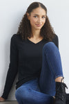 womens organic long sleeve v-neck tee - black - fair indigo fair trade ethically made