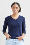 womens organic cotton long sleeve v-neck tee- midnight navy blue - fair indigo fair trade ethically made