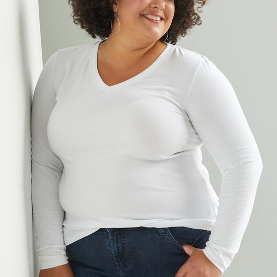 womens organic long sleeve v-neck t-shirt - white - fair indigo fair trade ethically made
