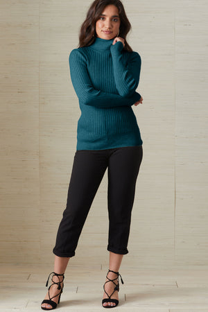 womens organic ribbed turtleneck sweater - deep teal green blue - fair indigo fair trade ethically made
