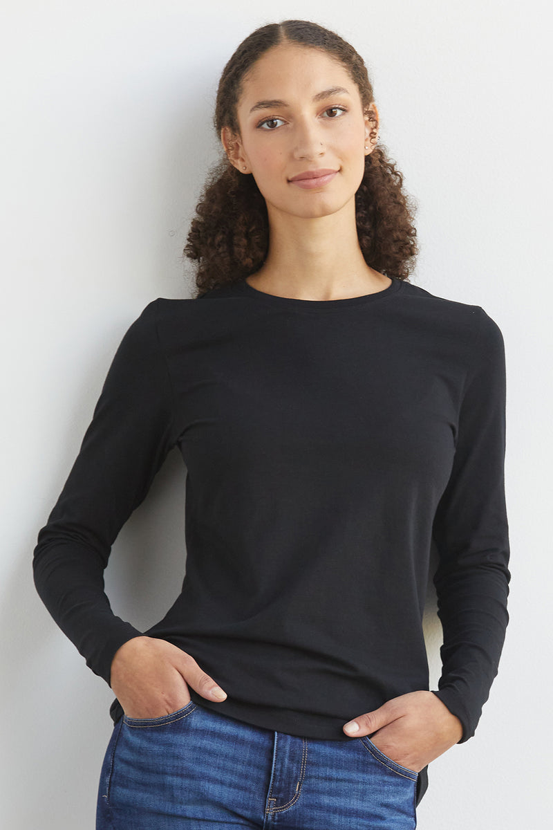 womens organic cotton long sleeve crew neck t-shirt - forever blue - fair indigo fair trade ethically made