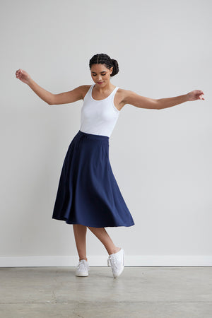womens 100% organic cotton midi skirt with pockets - navy blue - fair trade ethically made