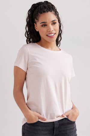 womens organic 100% cotton crew neck t-shirt - petal pink - fair indigo fair trade ethically made