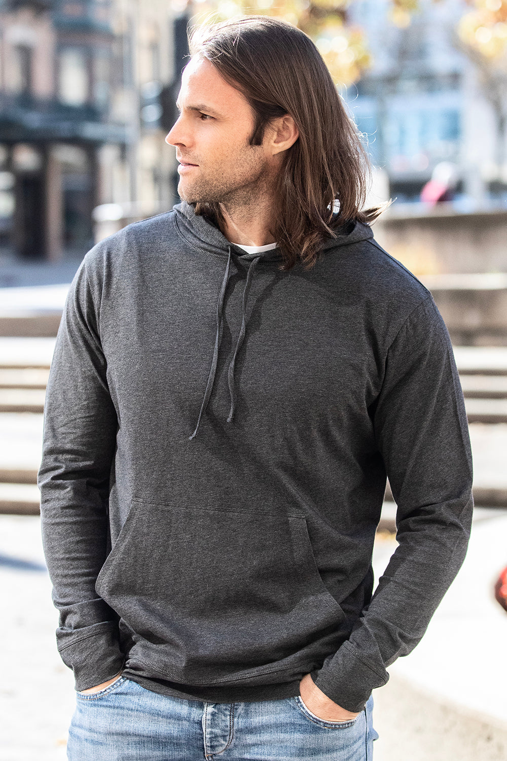 unisex organic all cotton long sleeve hoodie- dark charcoal heather grey - fair trade ethically made